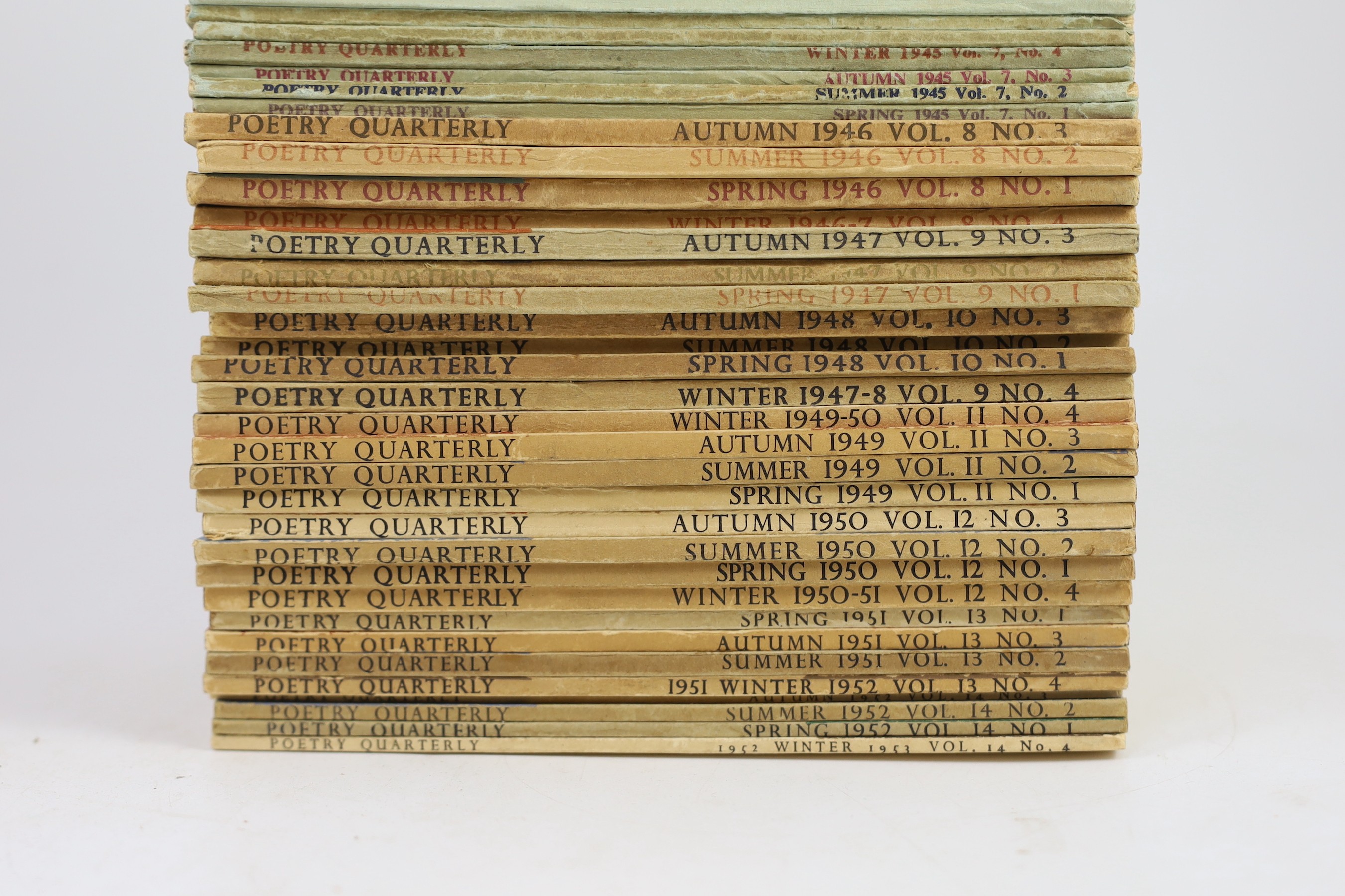 20th century Poetry and Prose - Gardiner, Wrey (editor) - Poetry Quarterly, 35 issues - 1942 Summer; 1943 Winter; 1944 Summer, Autumn, Winter; 1945, 1947-49,1951-52, Spring, Summer, Autumn, Winter; 1946 & 1950 Spring, Su